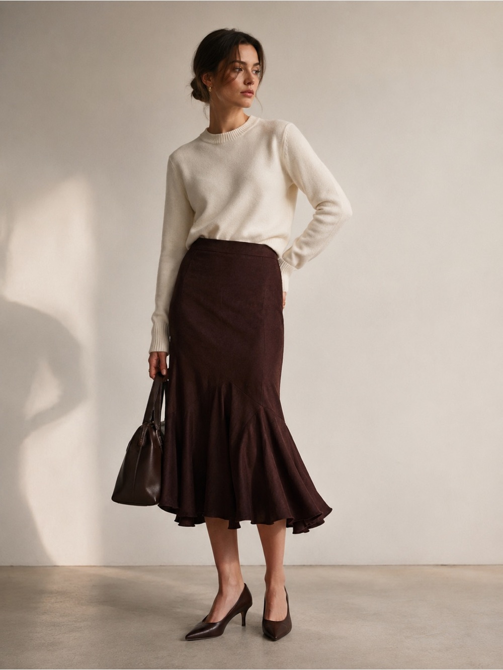 RENE LEZARD Designer Women's Brown Flared Midi Skirt